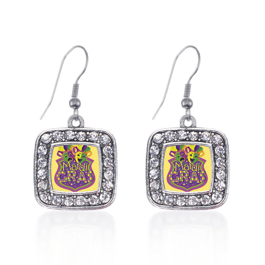 Silver Mardi Gras Masks Square Charm Dangle Earrings