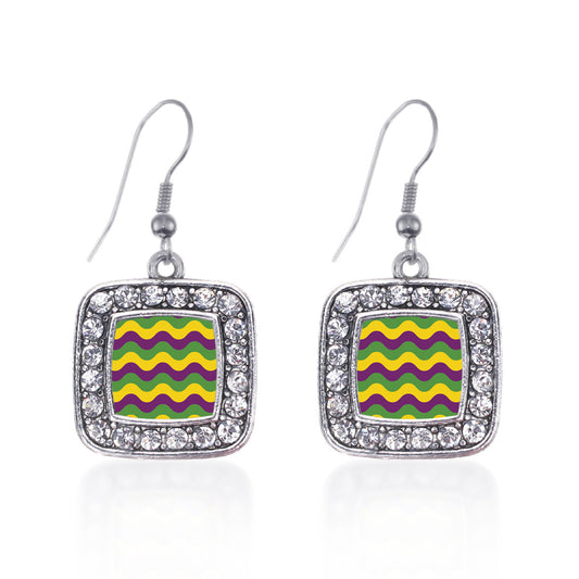 Silver Mardi Gras Wave Pattern Square Charm Dangle Earrings
