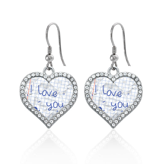 Silver I Love You Note Open Heart Charm Dangle Earrings
