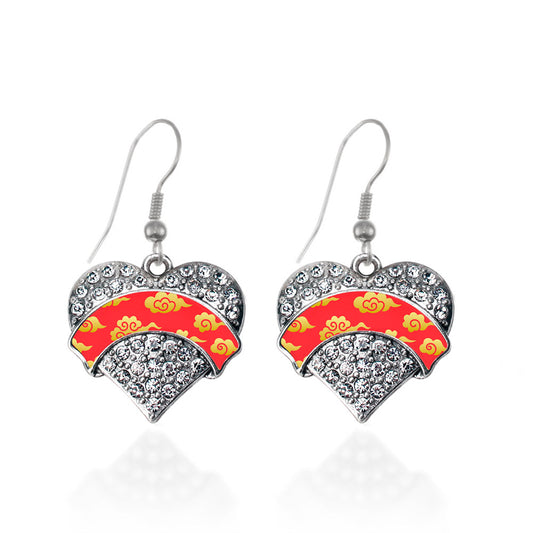 Silver Gold Chinese New Year Cloud Pattern Pave Heart Charm Dangle Earrings