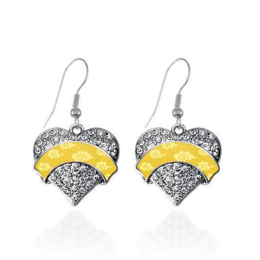 Silver Yellow Chinese New Year Cloud Pattern Pave Heart Charm Dangle Earrings