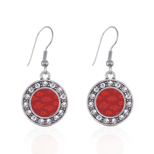 Silver Red Chinese New Year Cloud Pattern Circle Charm Dangle Earrings