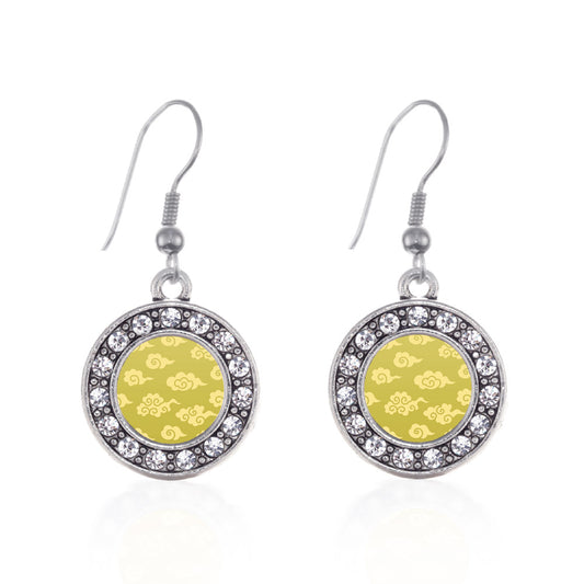 Silver Yellow Chinese New Year Cloud Pattern Circle Charm Dangle Earrings