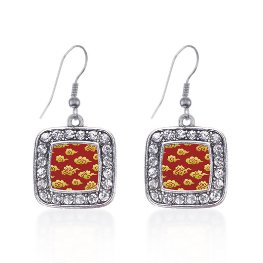 Silver Gold Chinese New Year Cloud Pattern Square Charm Dangle Earrings