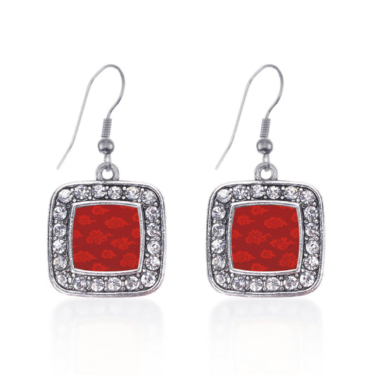 Silver Red Chinese New Year Cloud Pattern Square Charm Dangle Earrings