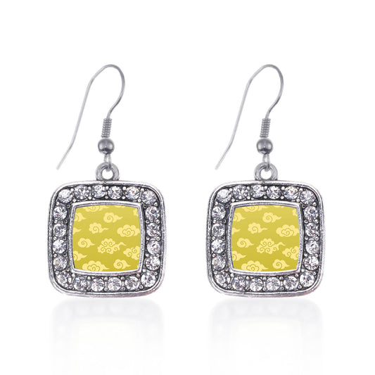 Silver Yellow Chinese New Year Cloud Pattern Square Charm Dangle Earrings