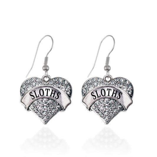 Silver Sloths Pave Heart Charm Dangle Earrings