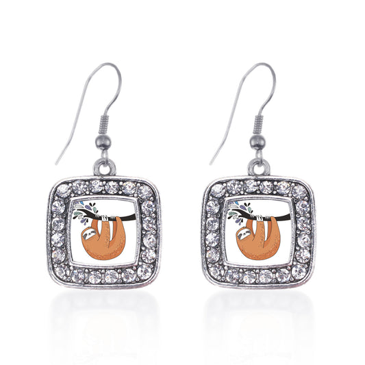 Silver Sloth Square Charm Dangle Earrings