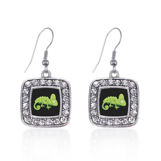 Silver Chameleon Square Charm Dangle Earrings