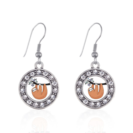Silver Sloth Circle Charm Dangle Earrings