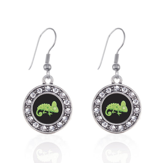 Silver Chameleon Circle Charm Dangle Earrings