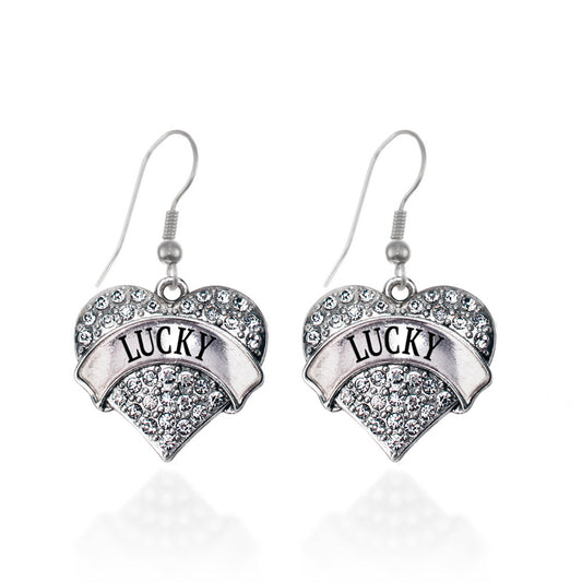 Silver Lucky Pave Heart Charm Dangle Earrings