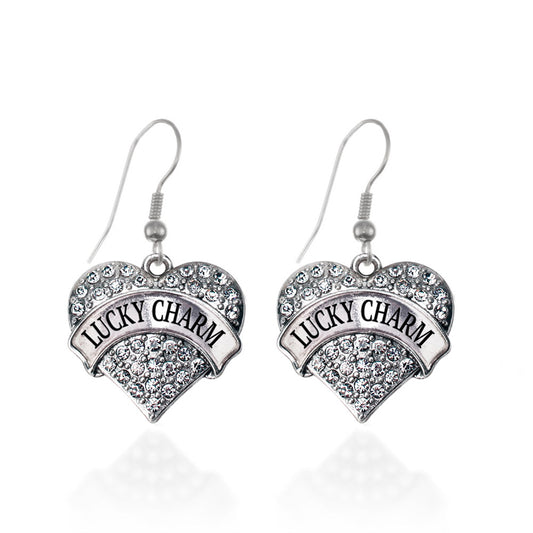 Silver Lucky Charm Pave Heart Charm Dangle Earrings