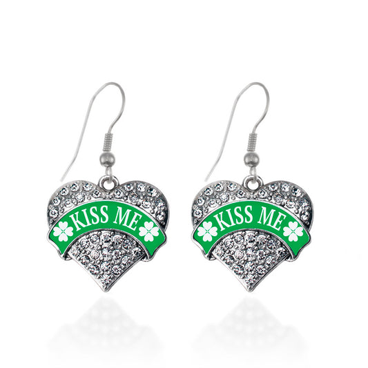 Silver Green Kiss Me Pave Heart Charm Dangle Earrings