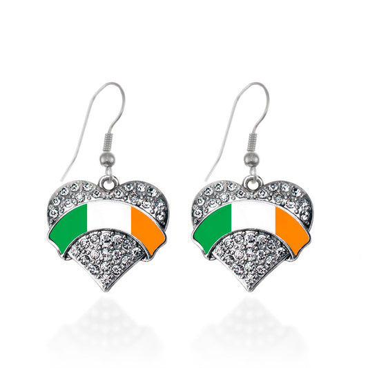 Silver Irish Flag Pave Heart Charm Dangle Earrings