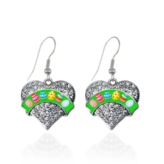 Silver Easter Eggs Pave Heart Charm Dangle Earrings