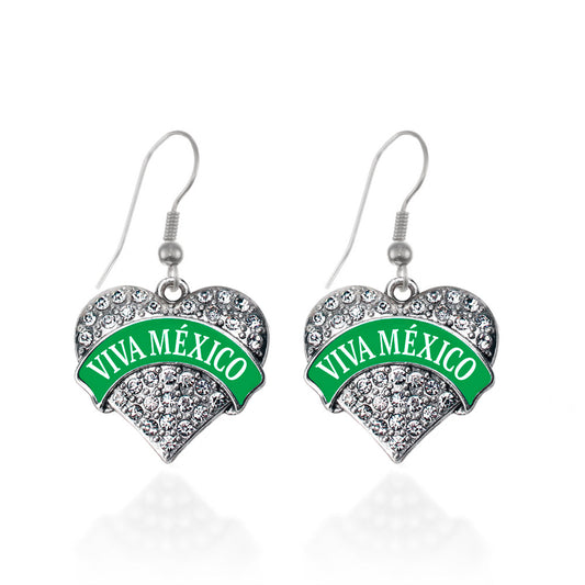 Silver Green Viva México Pave Heart Charm Dangle Earrings