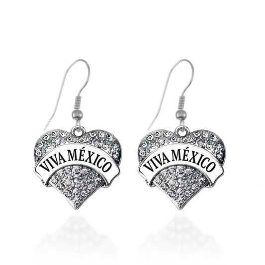 Silver Black and White Viva México Pave Heart Charm Dangle Earrings