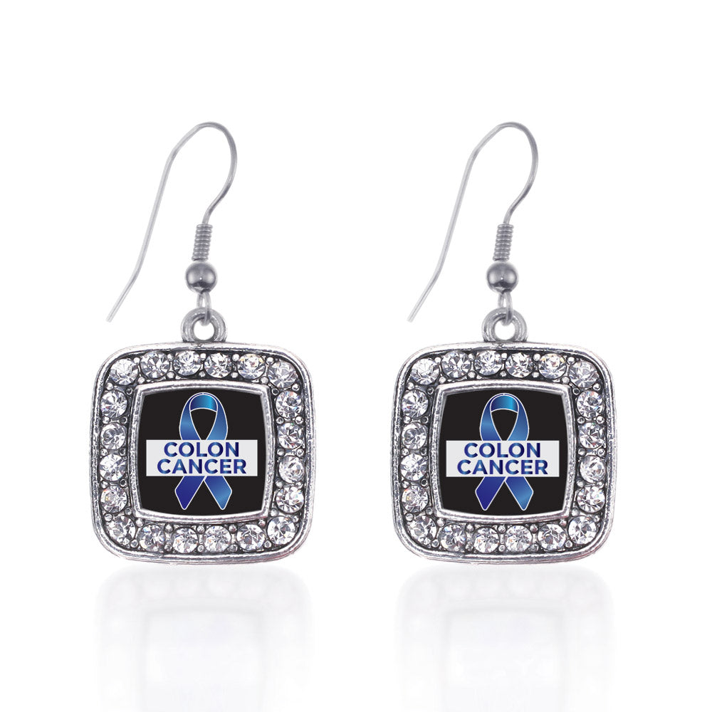 Silver Colon Cancer Support Square Charm Dangle Earrings