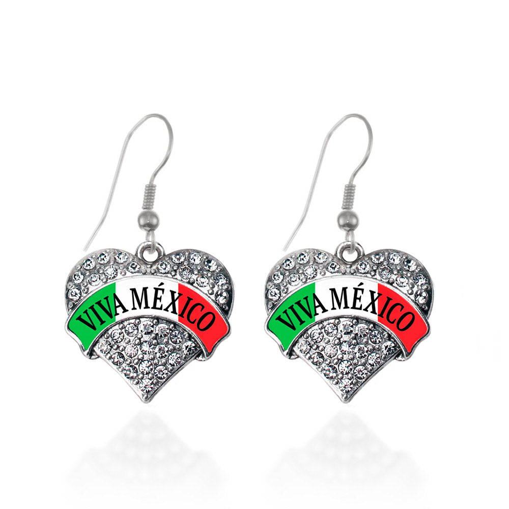 Silver Viva México Banner Pave Heart Charm Dangle Earrings
