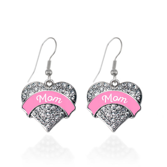 Silver Pink Mom Pave Heart Charm Dangle Earrings