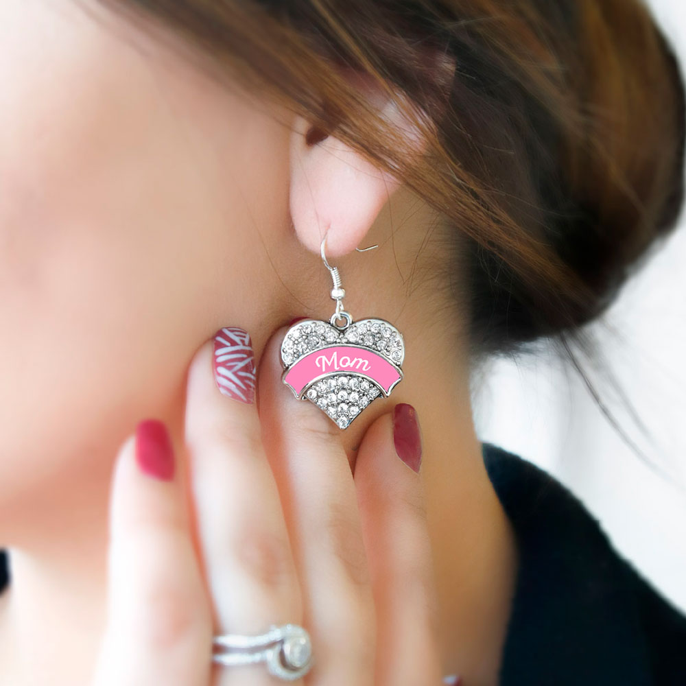 Silver Pink Mom Pave Heart Charm Dangle Earrings
