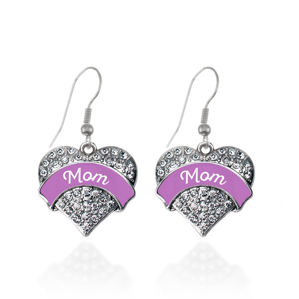 Silver Purple Mom Pave Heart Charm Dangle Earrings