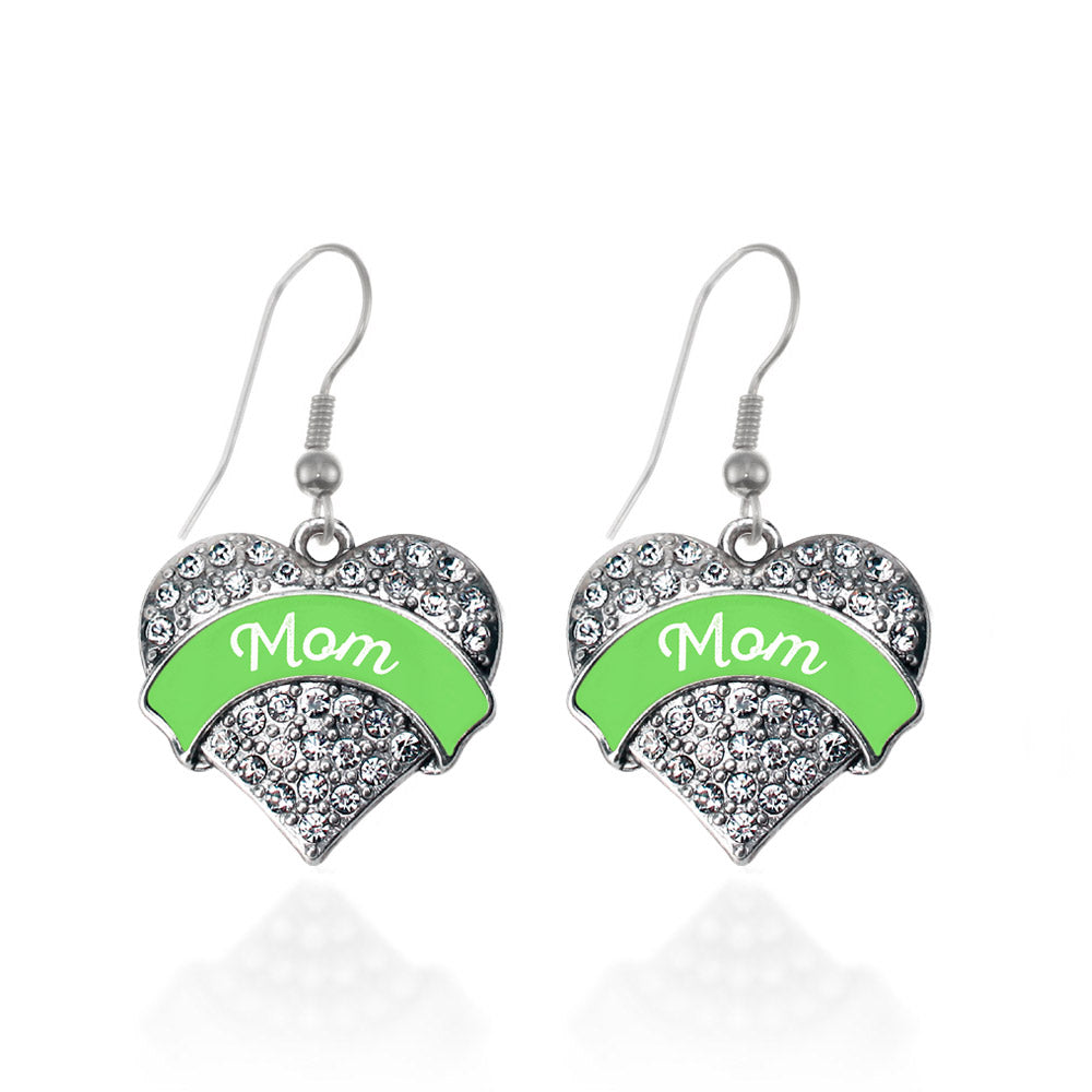 Silver Green Mom Pave Heart Charm Dangle Earrings