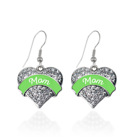 Silver Green Mom Pave Heart Charm Dangle Earrings