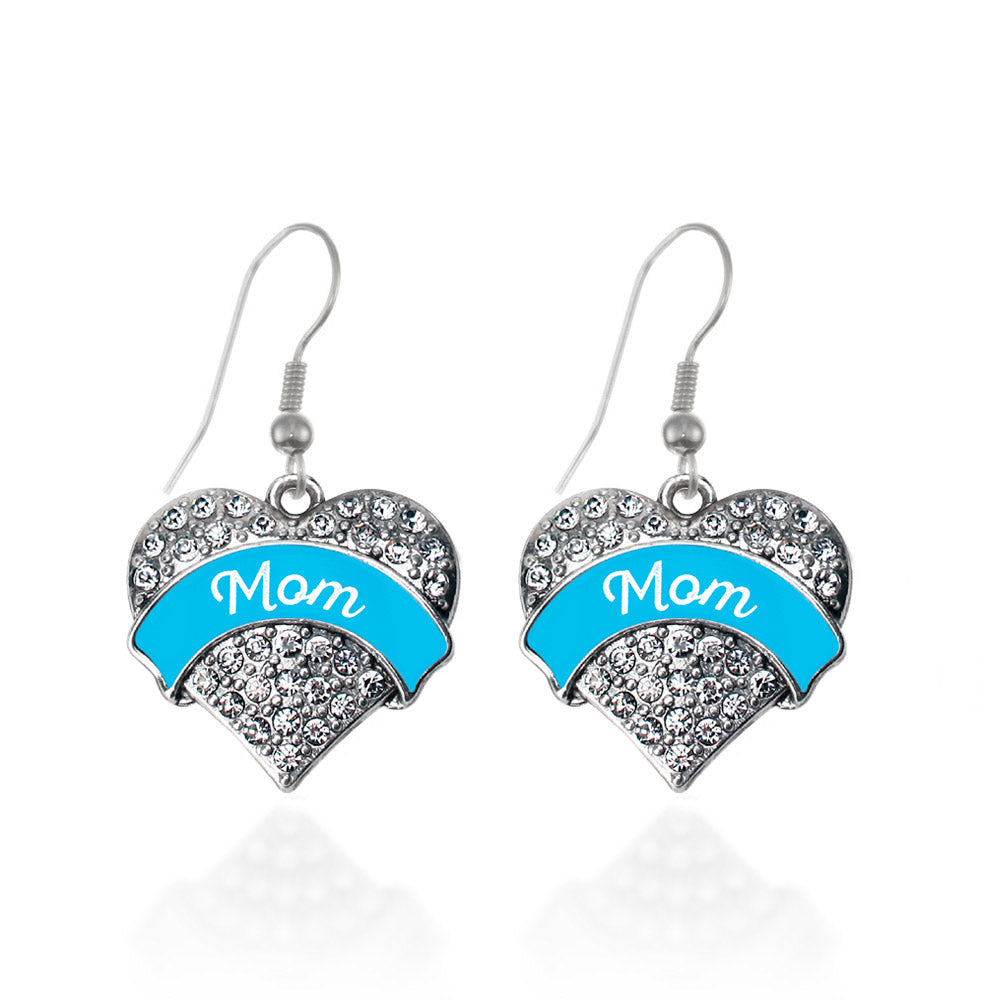 Silver Blue Mom Pave Heart Charm Dangle Earrings