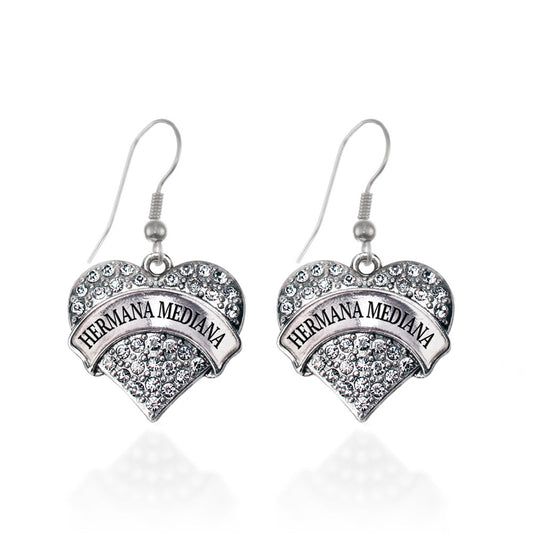 Silver Hermana Mediana Pave Heart Charm Dangle Earrings
