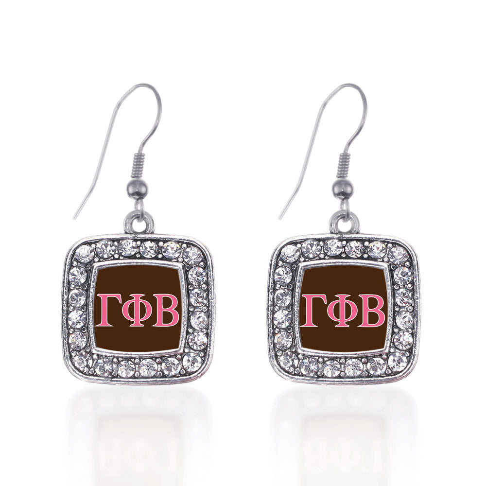 Silver Gamma Phi Beta Square Charm Dangle Earrings
