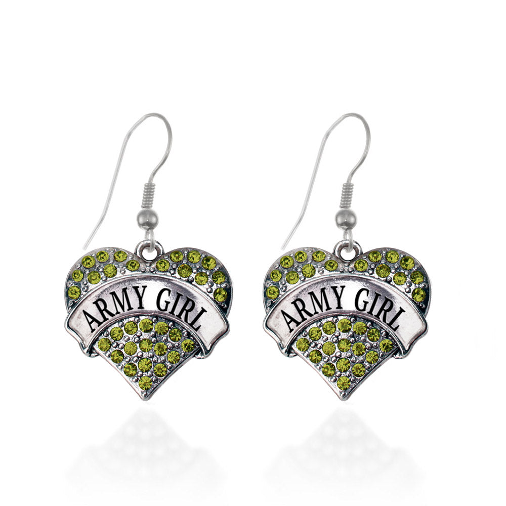 Silver Army Girl Green Pave Heart Charm Dangle Earrings