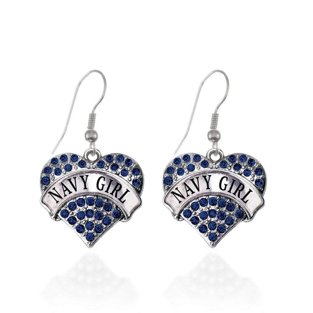 Silver Navy Girl Blue Pave Heart Charm Dangle Earrings