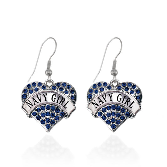 Silver Navy Girl Blue Pave Heart Charm Dangle Earrings
