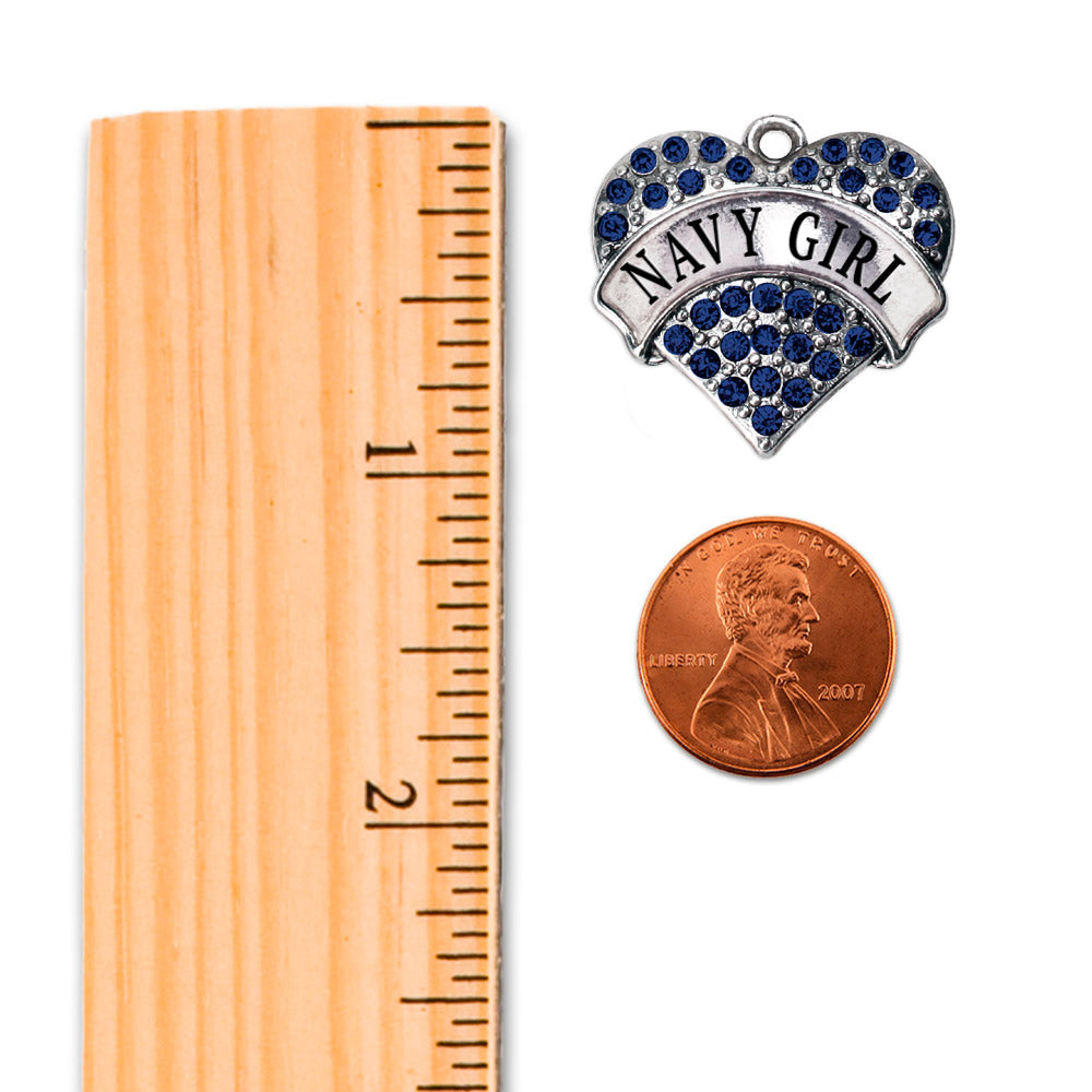 Silver Navy Girl Blue Pave Heart Charm Dangle Earrings