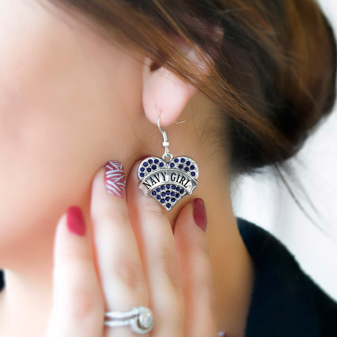 Silver Navy Girl Blue Pave Heart Charm Dangle Earrings