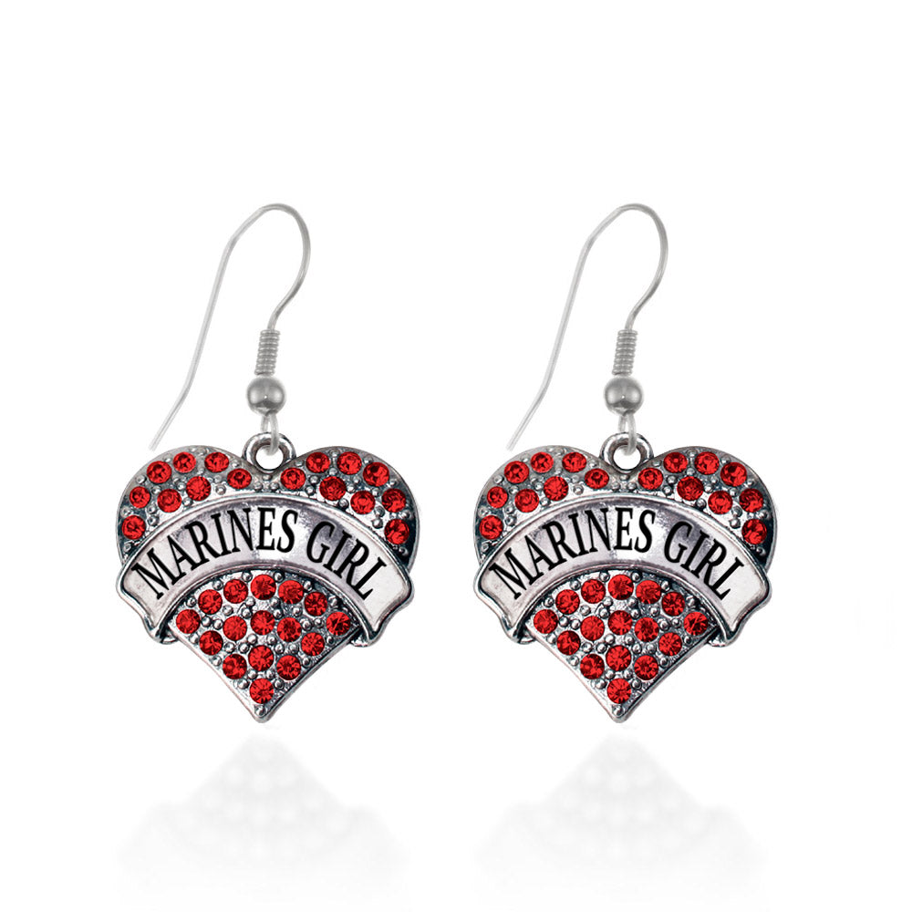 Silver Marines Girl Red Pave Heart Charm Dangle Earrings