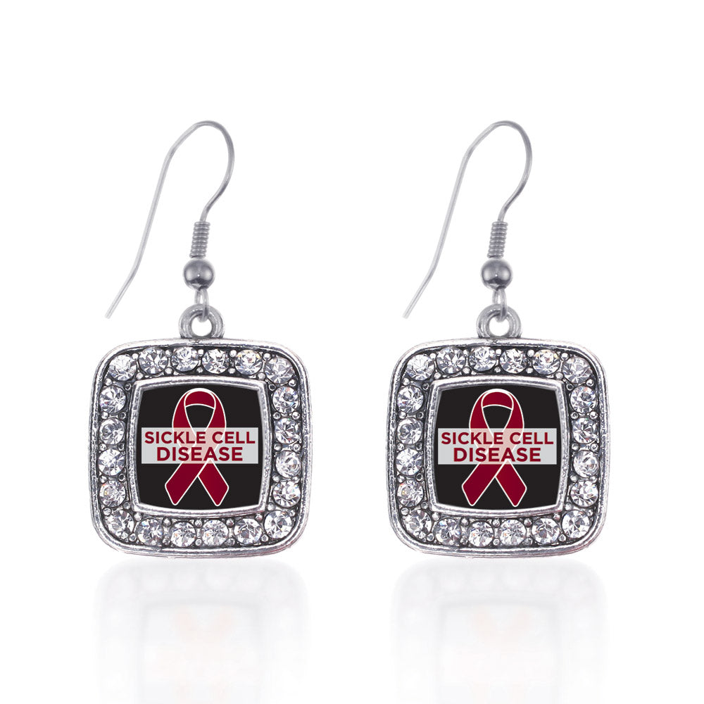 Silver Sickle Cell Support Square Charm Dangle Earrings