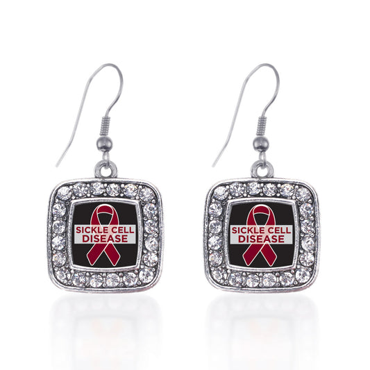 Silver Sickle Cell Support Square Charm Dangle Earrings