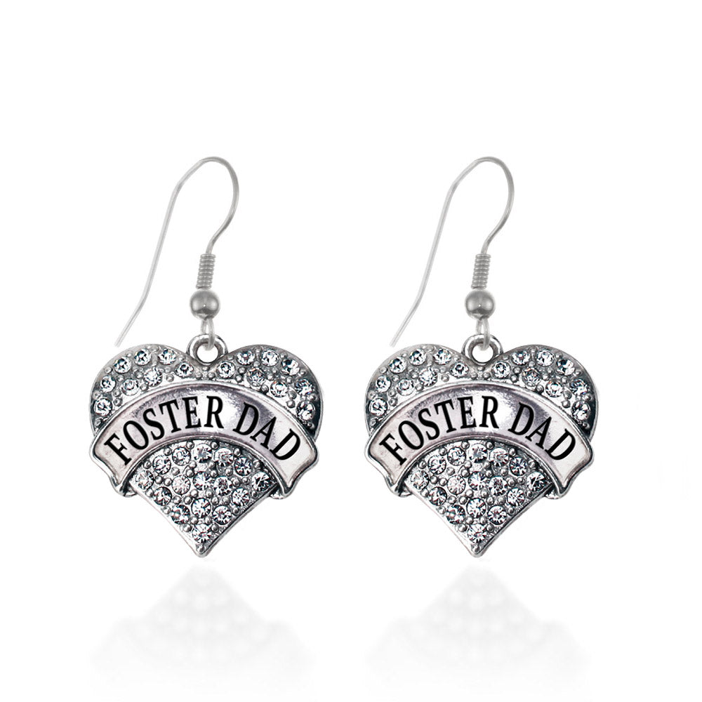 Silver Foster Dad Pave Heart Charm Dangle Earrings