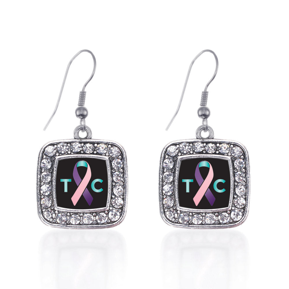 Silver Thyroid Cancer Support Square Charm Dangle Earrings