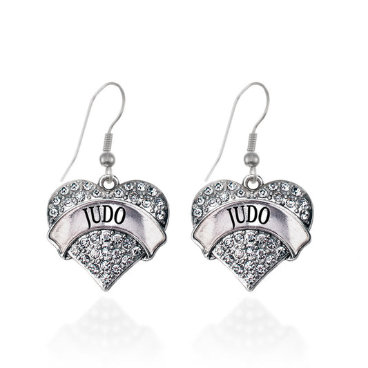 Silver Judo Pave Heart Charm Dangle Earrings