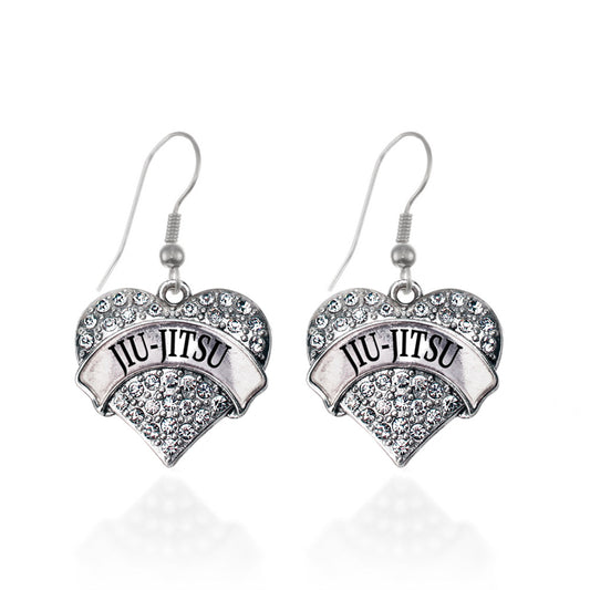 Silver Jiu-jitsu Pave Heart Charm Dangle Earrings