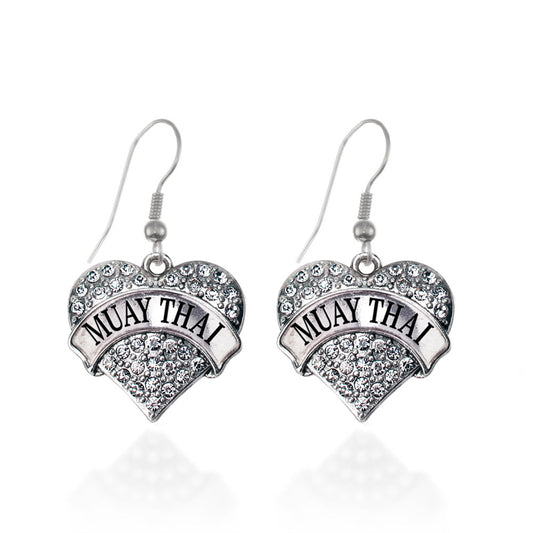 Silver Muay Thai Pave Heart Charm Dangle Earrings