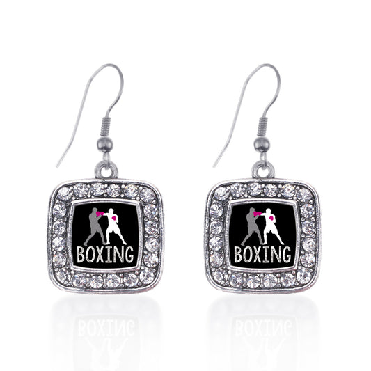 Silver Boxing Square Charm Dangle Earrings