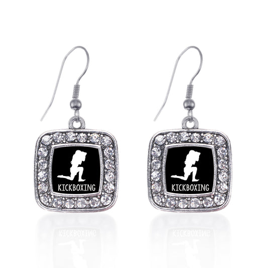 Silver Kickboxing Square Charm Dangle Earrings