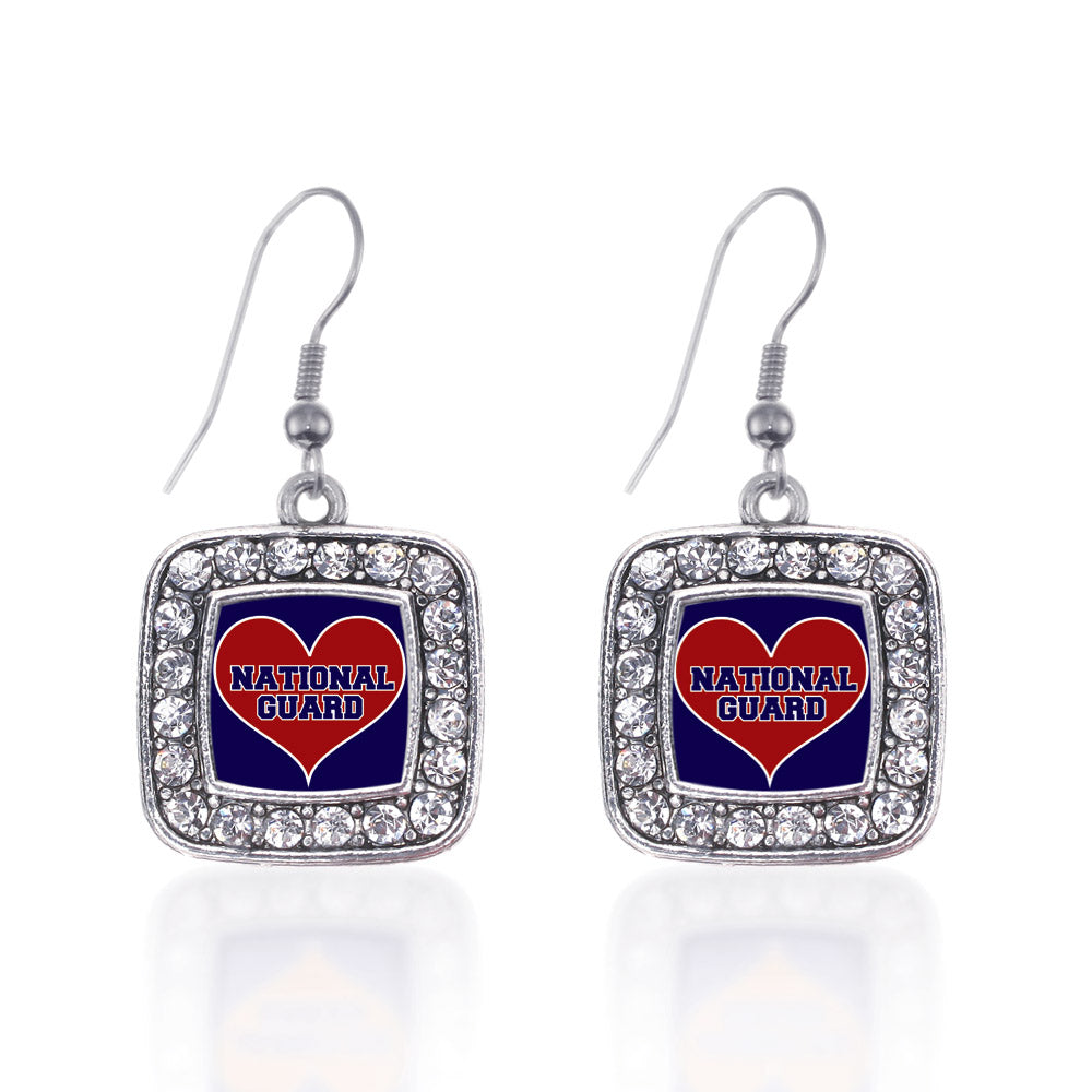 Silver National Guard Square Charm Dangle Earrings