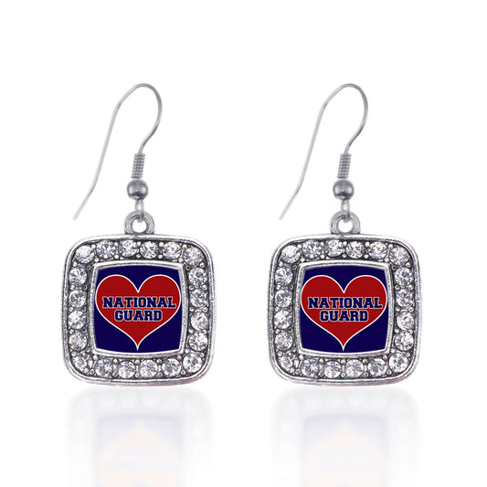 Silver National Guard Square Charm Dangle Earrings