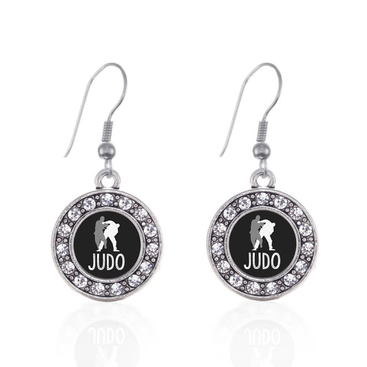 Silver Judo Circle Charm Dangle Earrings